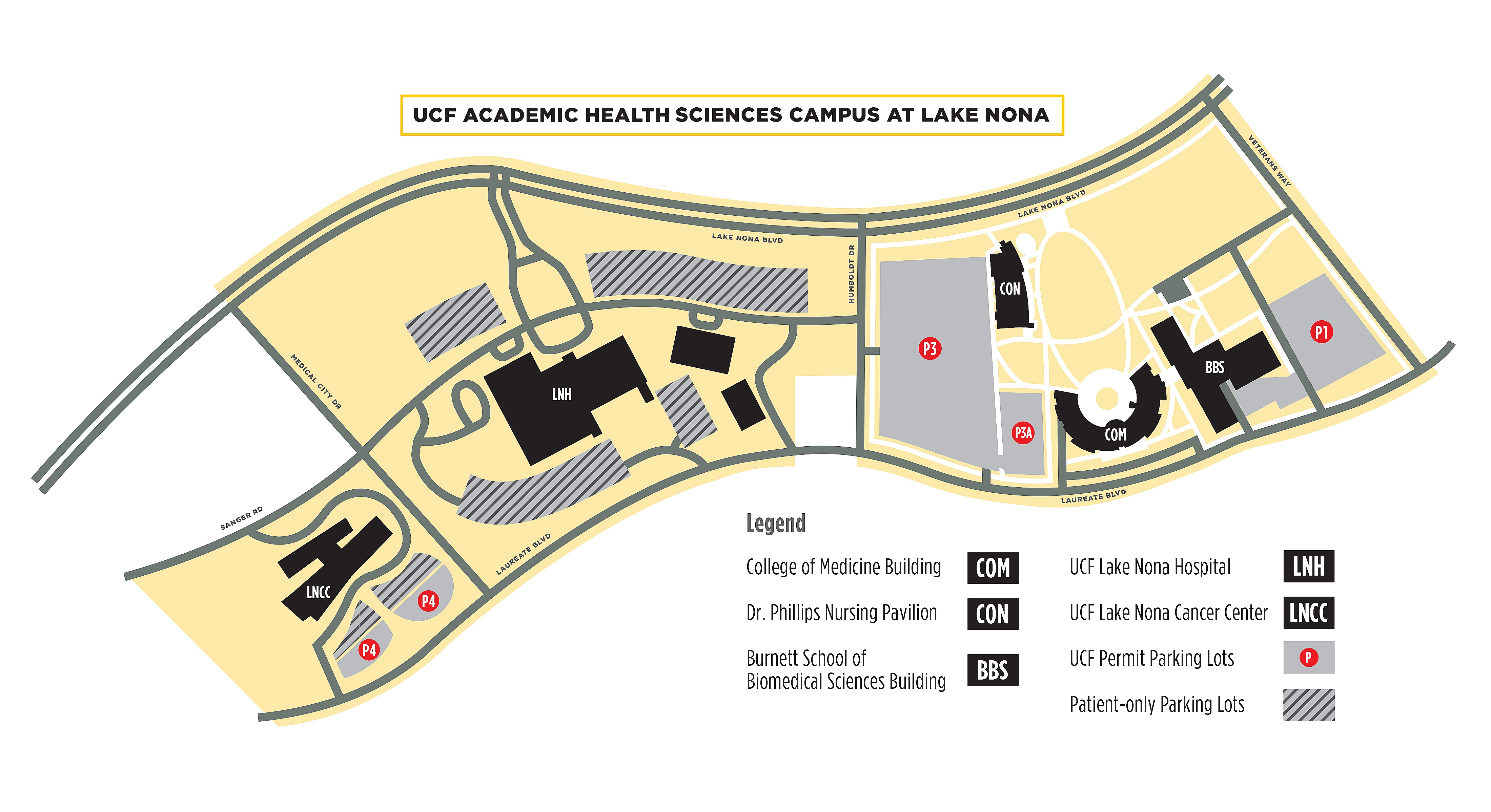Illustrated map of the UCF Health Sciences Campus. Parking lots are labelled P1 - P4 with the Park and Ride drop off points labelled to pick-up in lot P3 and the Lake Nona Cancer Center. Other buildings on the map includes College of Medicine Building, Dr. Phillips Nursing Pavillion, Burnett School of Biomedical Sciences Building, and Lake Nona Hospital.